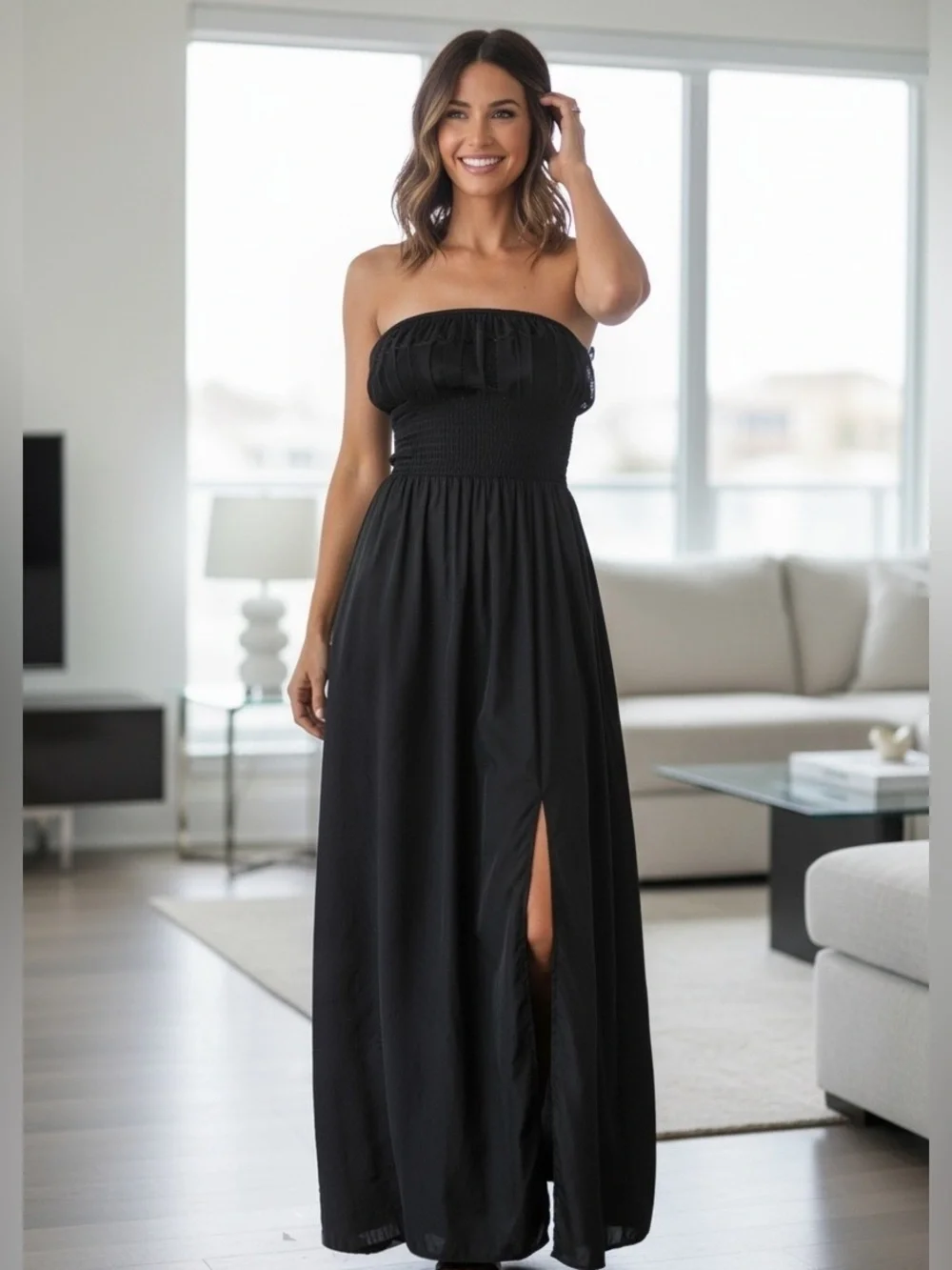 70's BLACK NYLON STRAPLESS LOUNGEWEAR GOWN PLEAT DETAIL WAIST W FRONT SLIT SZ S
